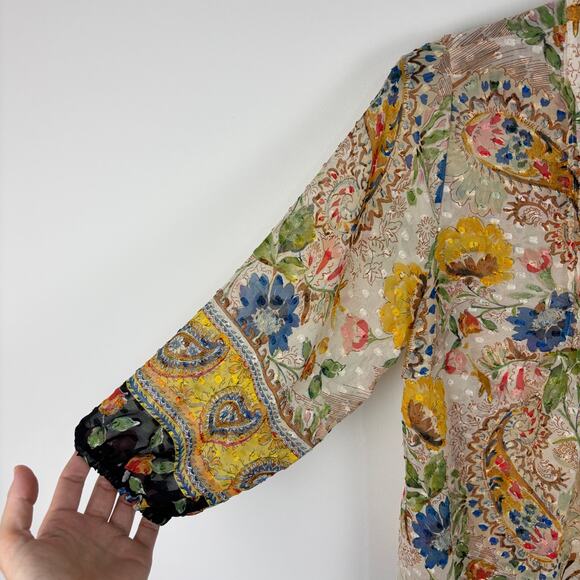 Fig and Flower Boho Paisley Blouse 3/4 sleeve swiss dot button front semi sheer - Picture 7 of 11